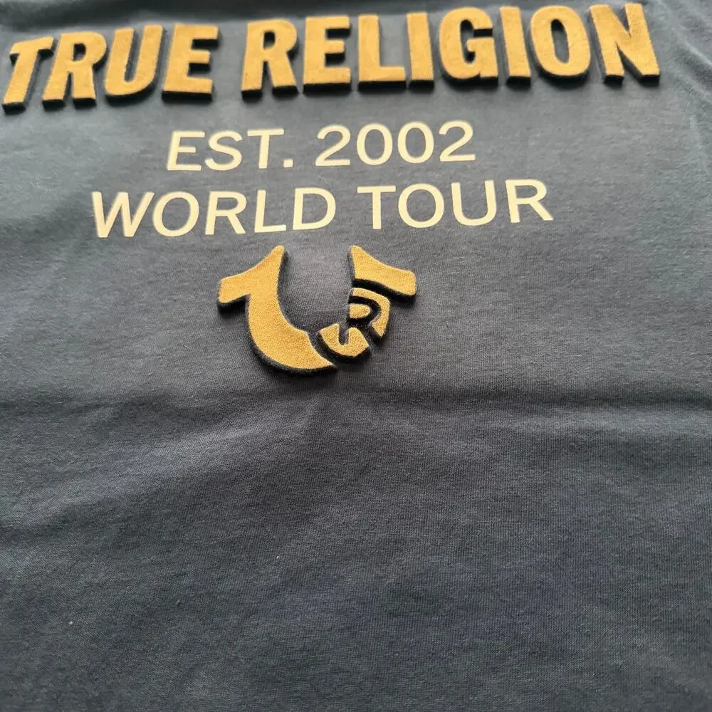 True Religion World Tour Crew Tee Mens M Dress Blue NWT Horseshoe Logo 700163
